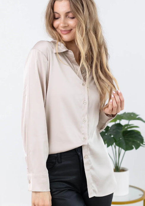 Satin Button Up Top - Sand