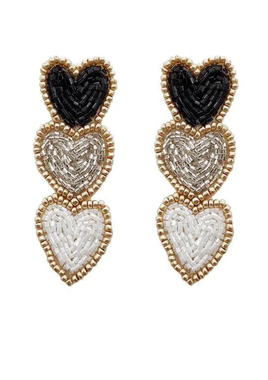 E295 - Beaded Stack Hearts - Blk/White