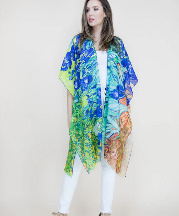 Iris Flower Print Kimono - Blue Green