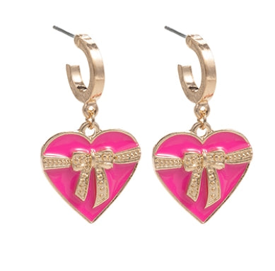 E387 - Heart & Ribbon Dangle - Hot Pink