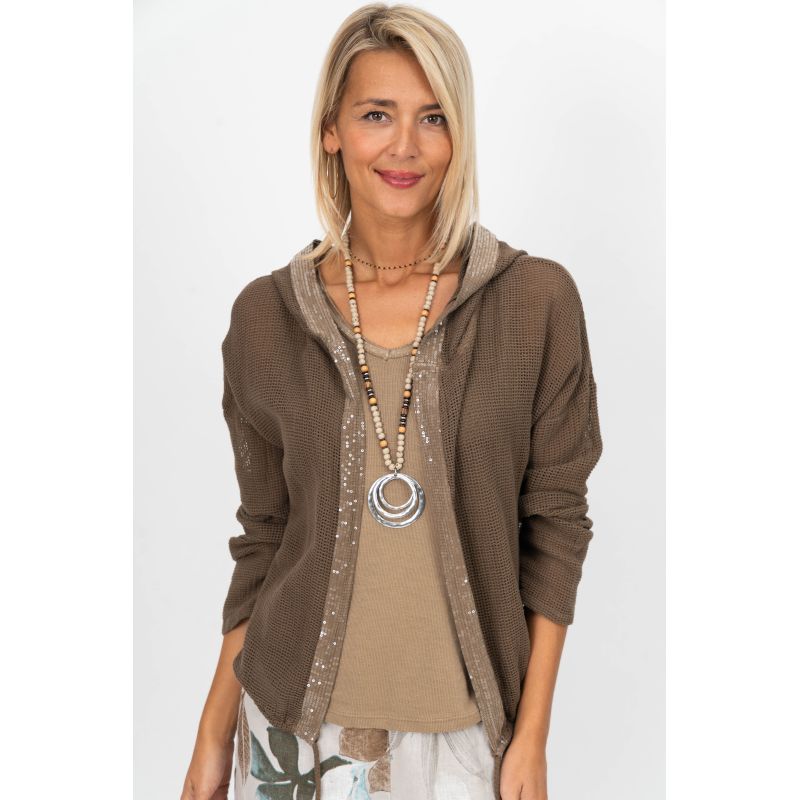Hooded Mesh Sequins Cardigan - Brown