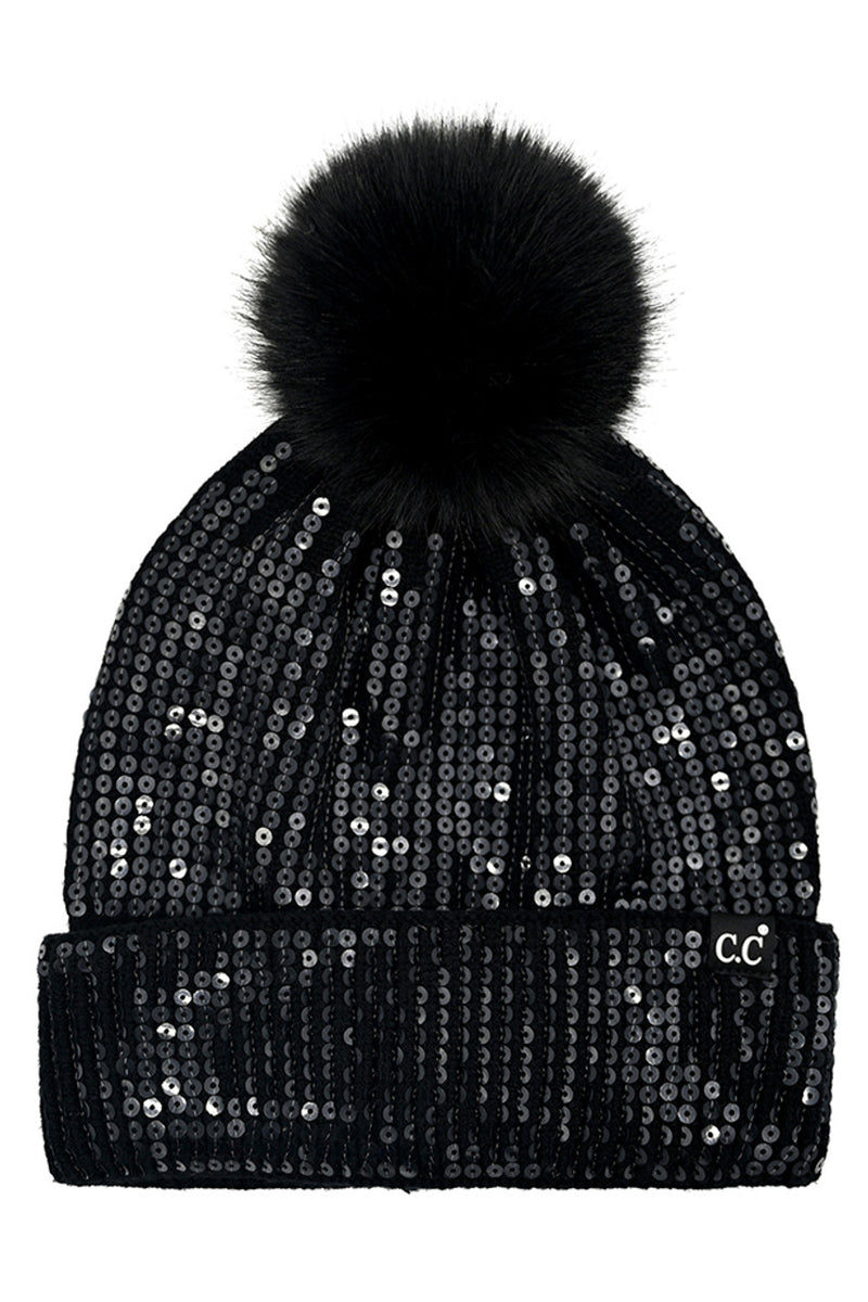 Pom Clear Sequins Knit Hat - Black
