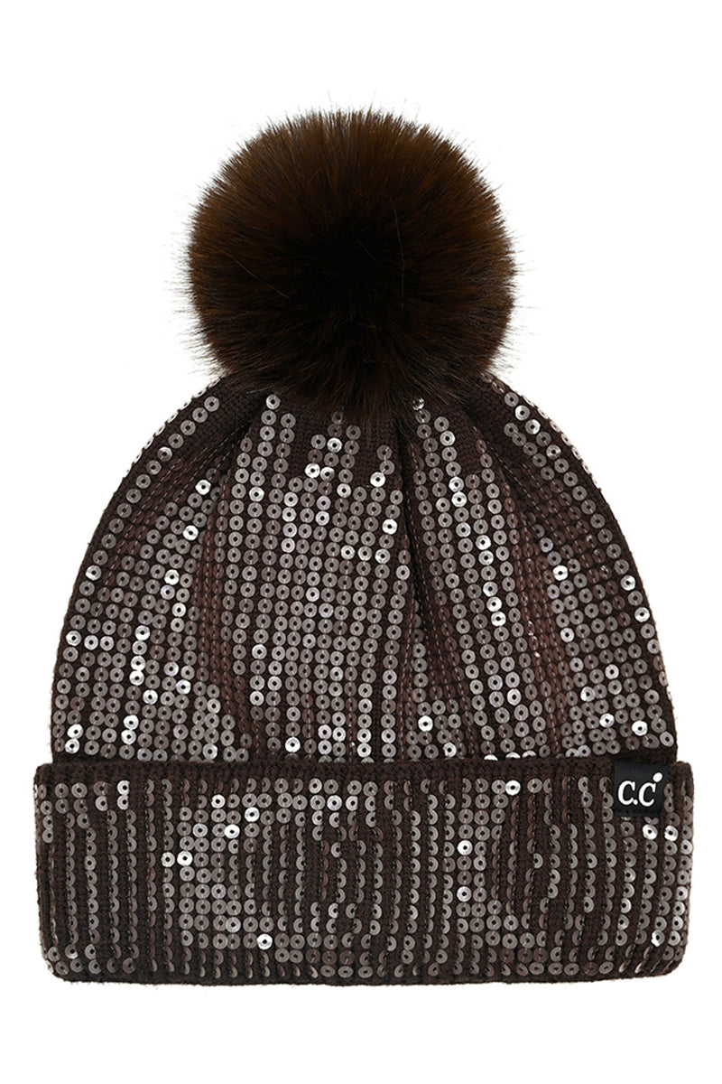 Pom Clear Sequins Knit Hat - Chocolate
