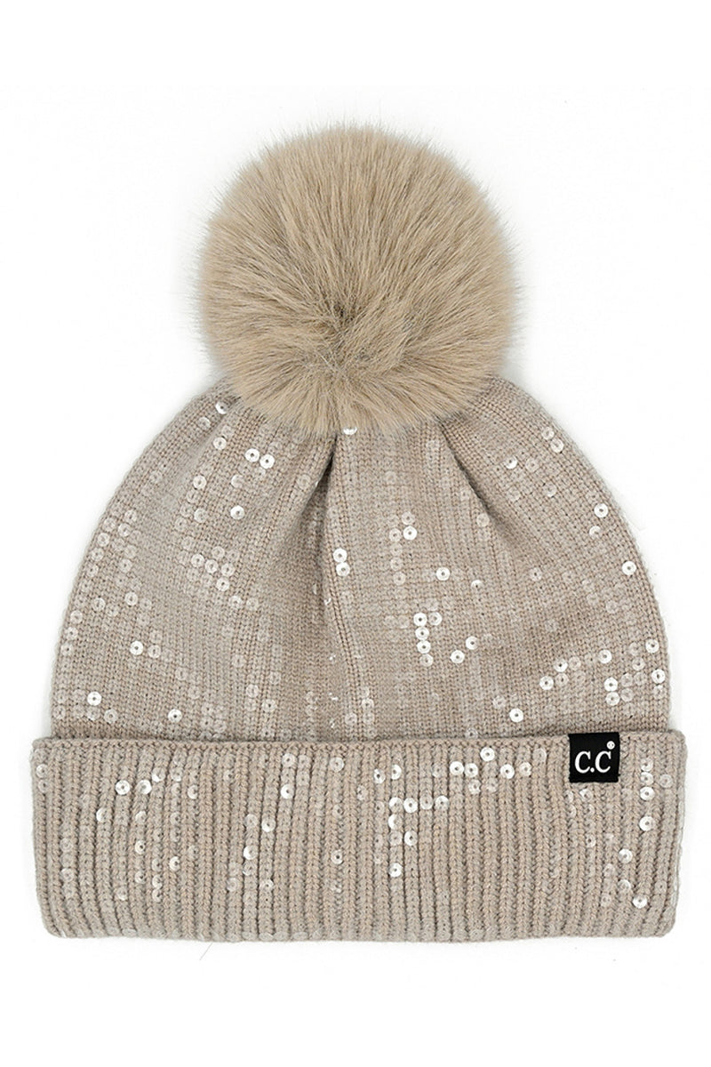 Pom Clear Sequins Knit Hat - Lt. Taupe