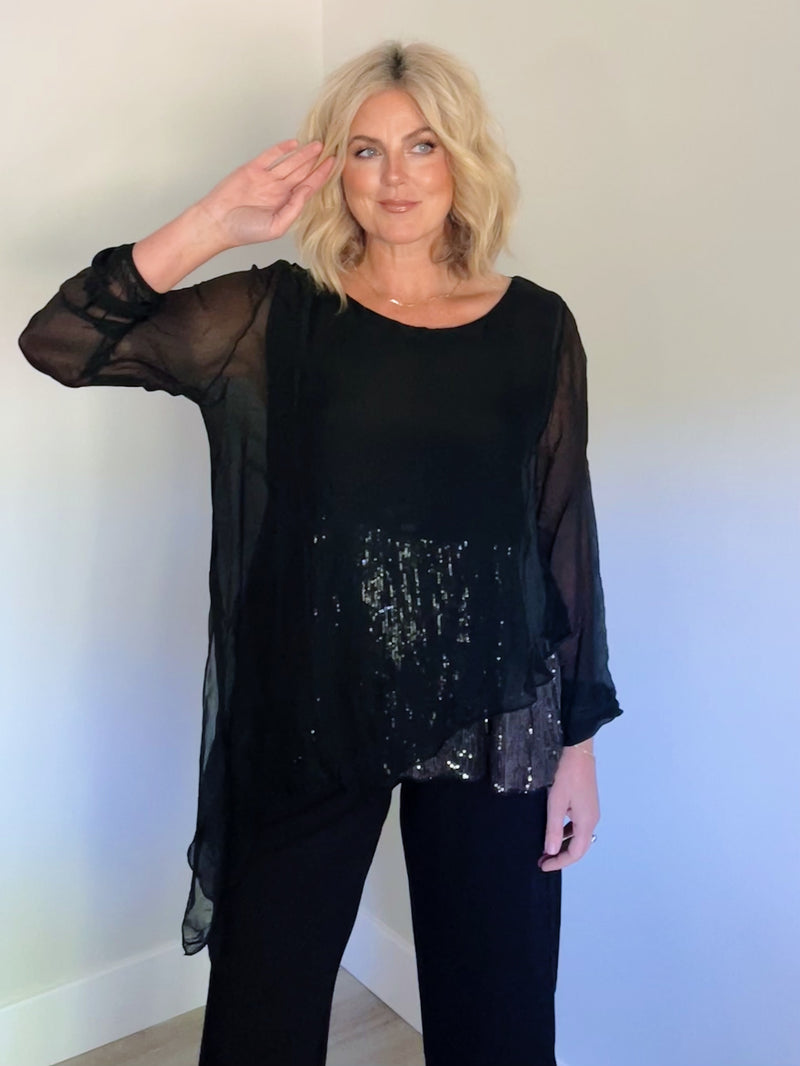 Silky Sleeve Sequin Top - Black