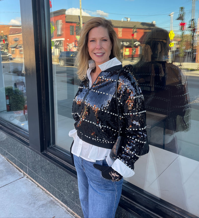 Sequin Studded Zip-Up Jacket - Black