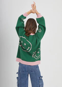 Smiley Face Oversized Sweater - Green