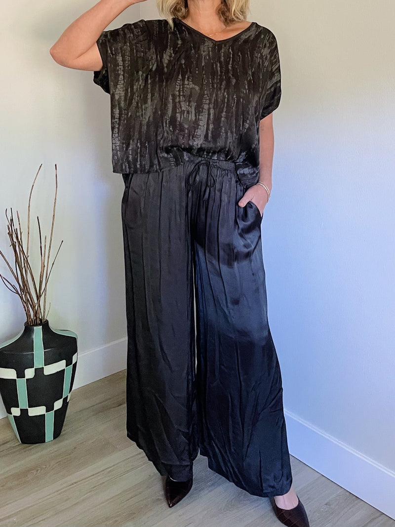 Solid Satin Wide Leg Pant - Black