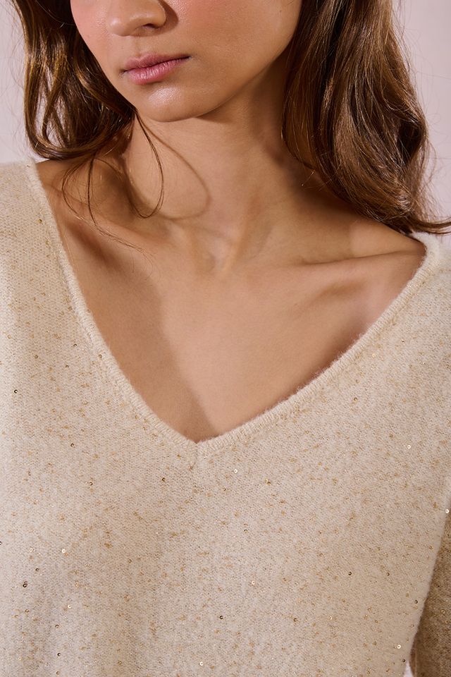 Sparkle V-Neck Sweater - Cream