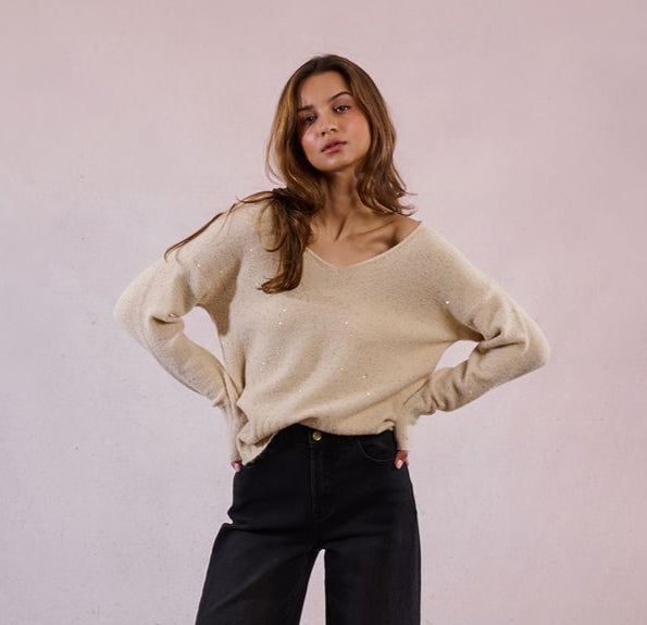 Sparkle V-Neck Sweater - Cream