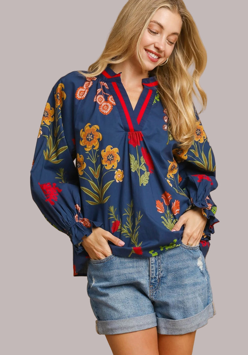 Contrast Stripe Accent Floral Top - Navy