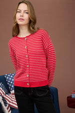 Stripe Button-Down Cardigan - Red