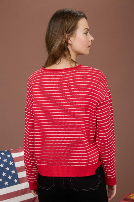 Stripe Button-Down Cardigan - Red