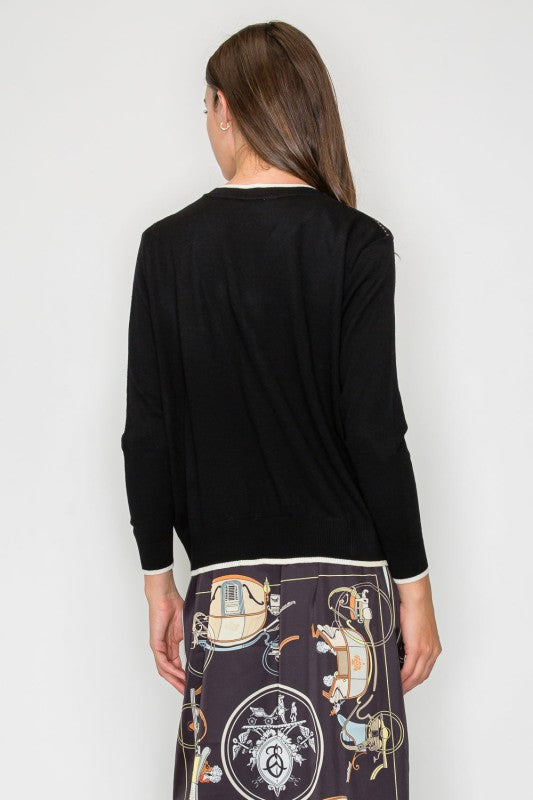 Scarf Print Button Cardigan - Black