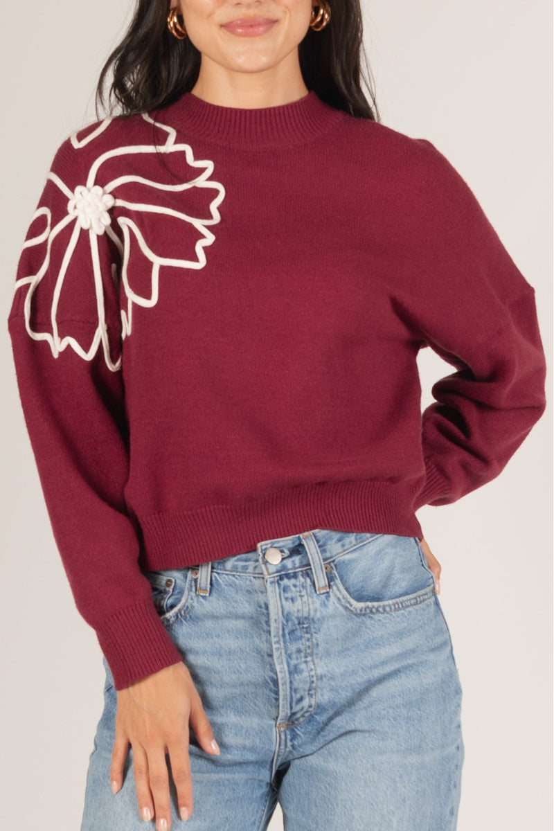 Bold Embroidered Flower Sweater - Dk. Red/Ivory