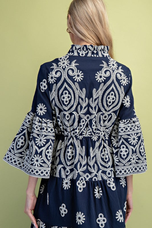 Textured Print Tiered Midi Dress - Navy