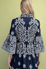 Textured Print Tiered Midi Dress - Navy