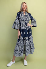 Textured Print Tiered Midi Dress - Navy