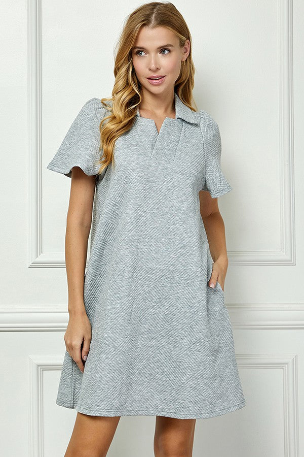 Quilted Texture Collar Dress - Grey