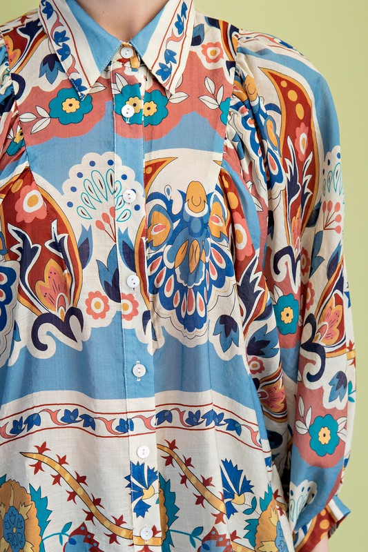 Tuscan Pattern Button-Down Top - Slate