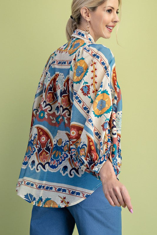 Tuscan Pattern Button-Down Top - Slate