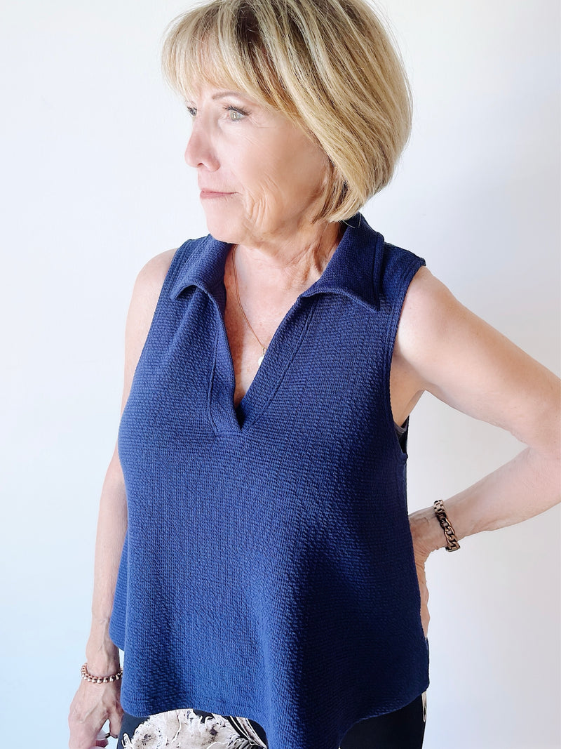 Collared Knit V-Neck Sleeveless Top - Navy