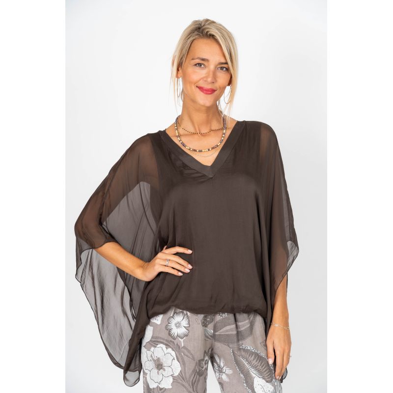 V-Neck Silky Sleeve Tank - Brown