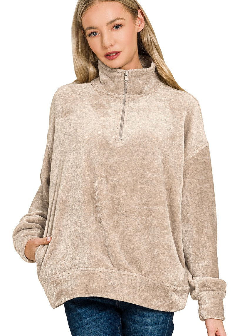 Half-Zip Faux Fur Top - Ash Mocha