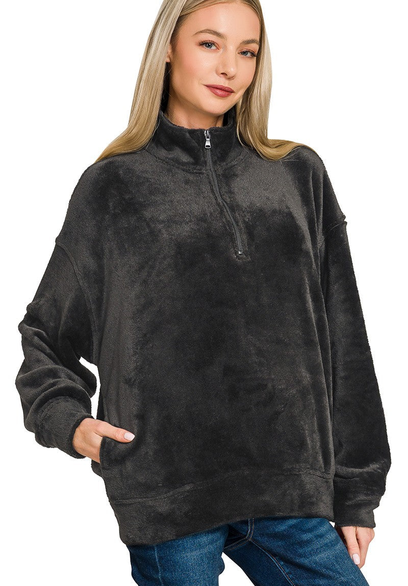 Half-Zip Faux Fur Top - Black