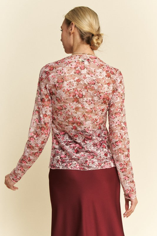 Mini Floral Mesh Long Sleeve Top - Pink