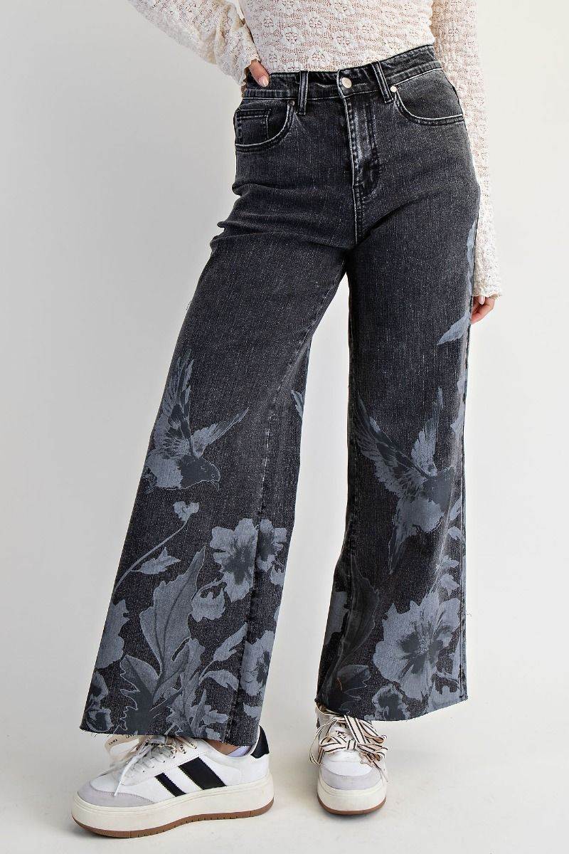 Bird Print Jeans - Black Denim