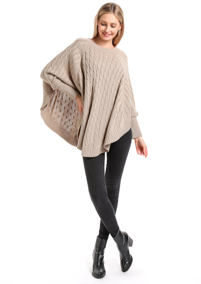 Cable Knit Poncho - Beige