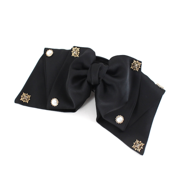 Satin Pearl/Rhinestone Hairclip Bow - Black