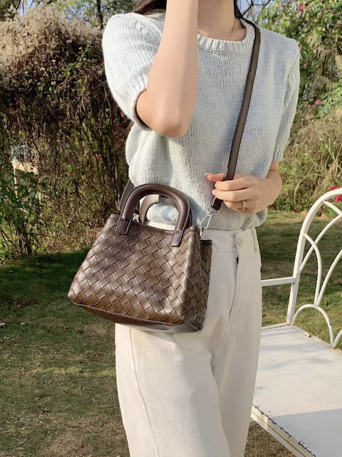 Woven Vegan Leather Mini Tote - Brown