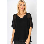 Mesh Knit Fringe Top - Black