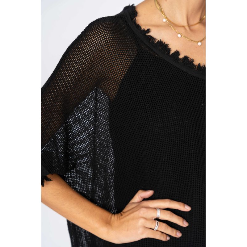 Mesh Knit Fringe Top - Black