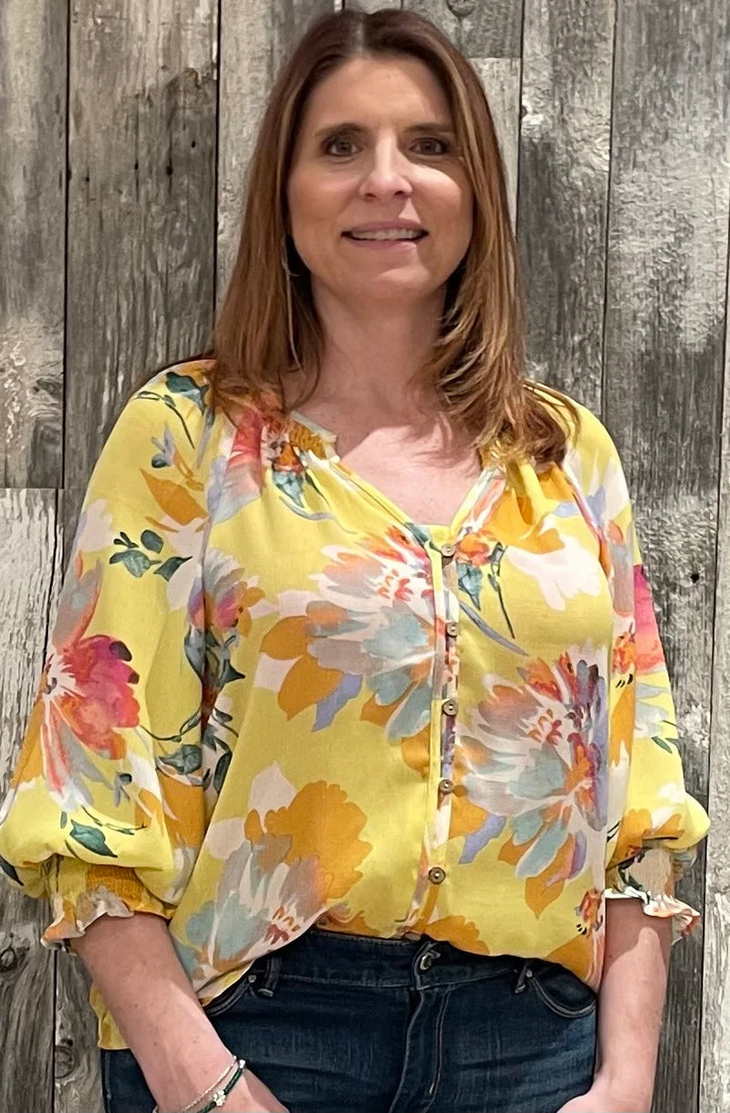 Floral Blink Button Blouse - Lemon