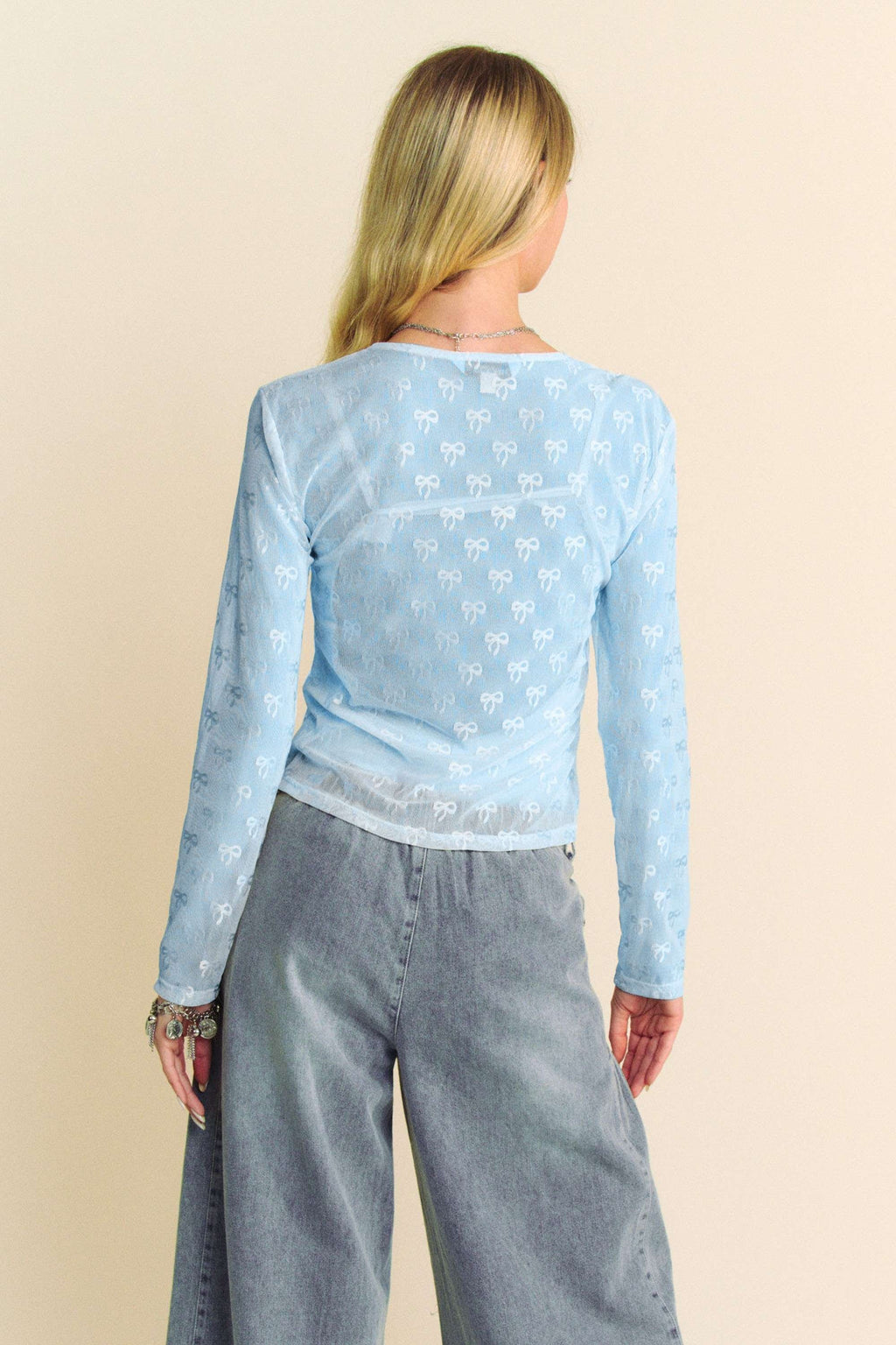 Ribbon Embroidered Mesh Top - Sky Blue