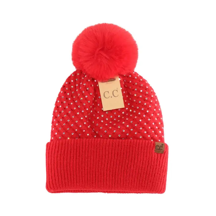 Pom Rhinestone Embellished Knit Hat - Red