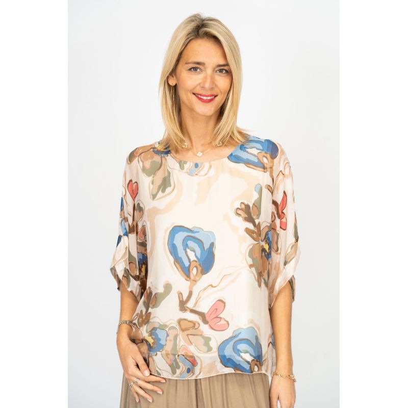 Silky Abstract Floral Top - Beige