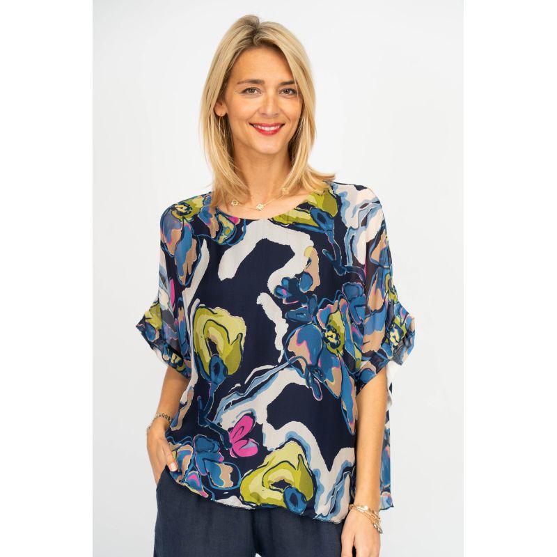 Silky Abstract Floral Top - Navy