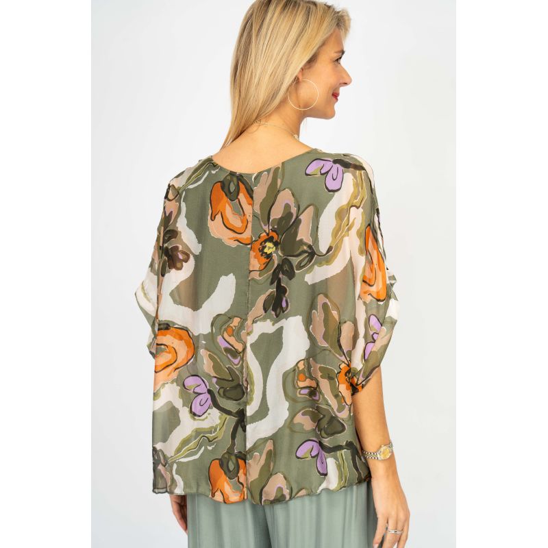 Silky Abstract Floral Top - Olive