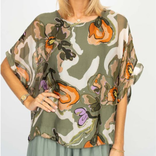 Silky Abstract Floral Top - Olive