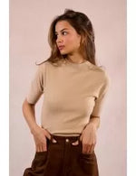 Ribbed Knit Short Sleeve Top - Beige