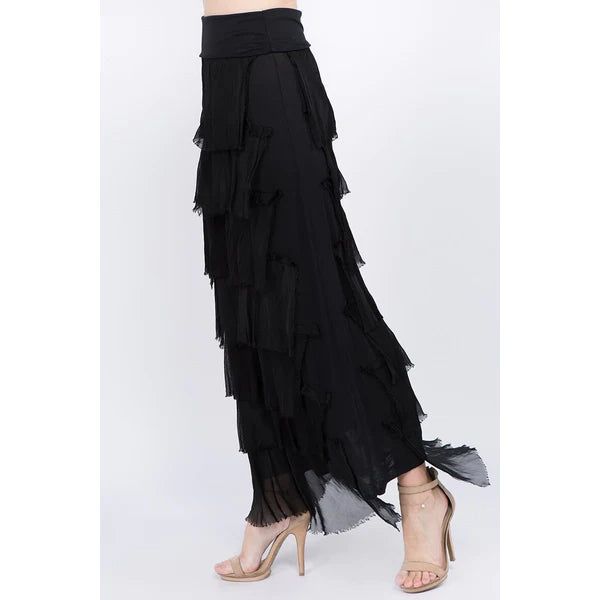 Silkiness Ruffle Long Skirt - Black