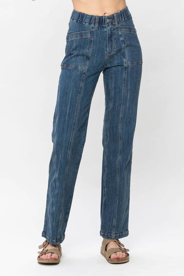 Elastic Waist Straight Jean - Med. Blue