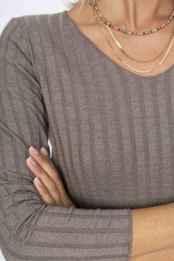 Large Ribbed V-Neck Top - Taupe