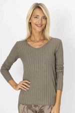 Large Ribbed V-Neck Top - Taupe