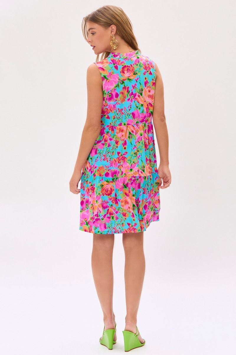 Lizzy Sleeveless Tiered Dress - Aqua/Pink