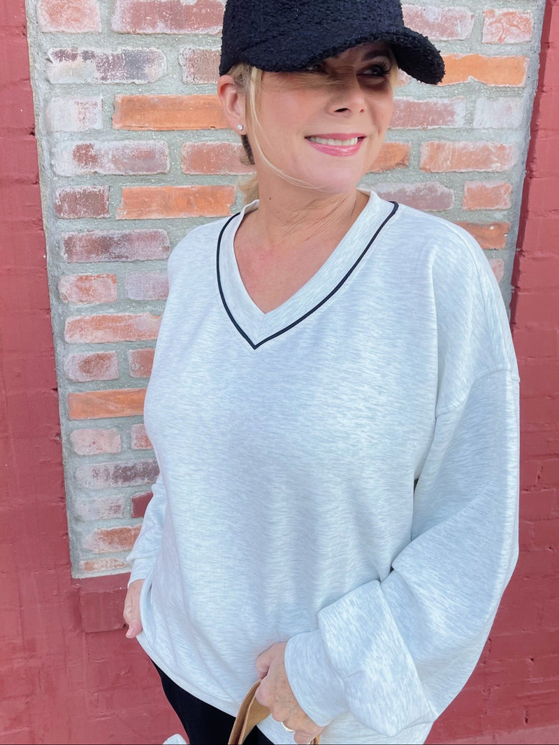 Modal Piping Detail V-Neck Top - Grey